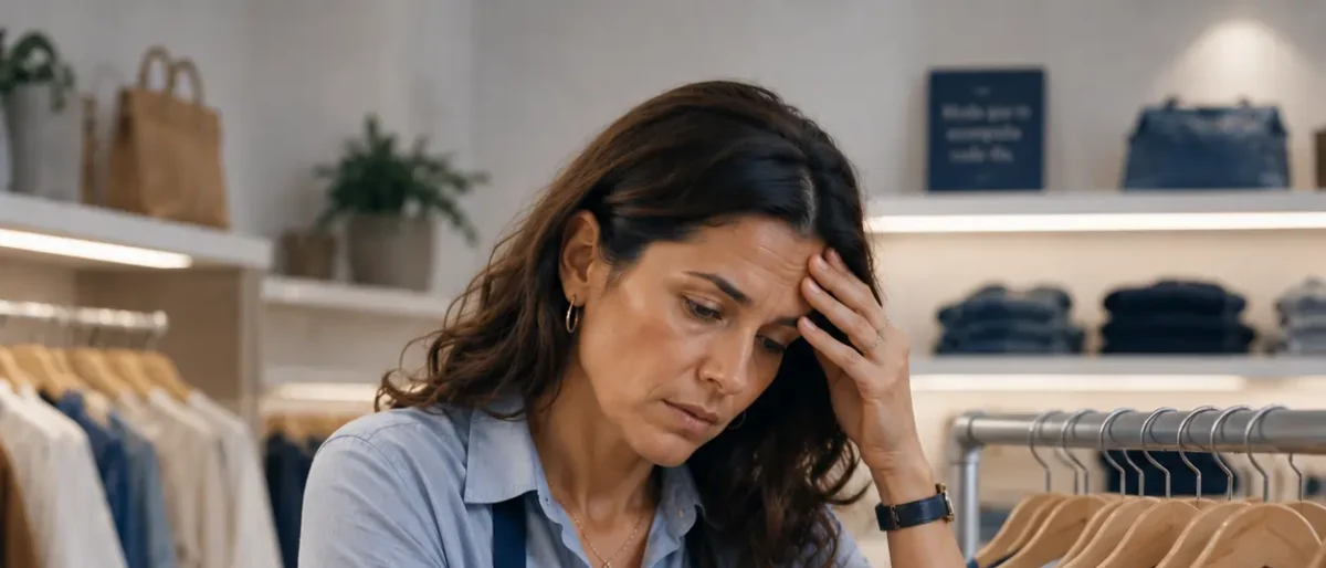 Una empleada de la industria textil con delantal azul se lleva la mano a la cabeza con gesto de agotamiento y frustración frente a un perchero, representando los servicios de software corporativo para detectar, prevenir y mitigar el burnout y el estrés laboral en el sector retail.