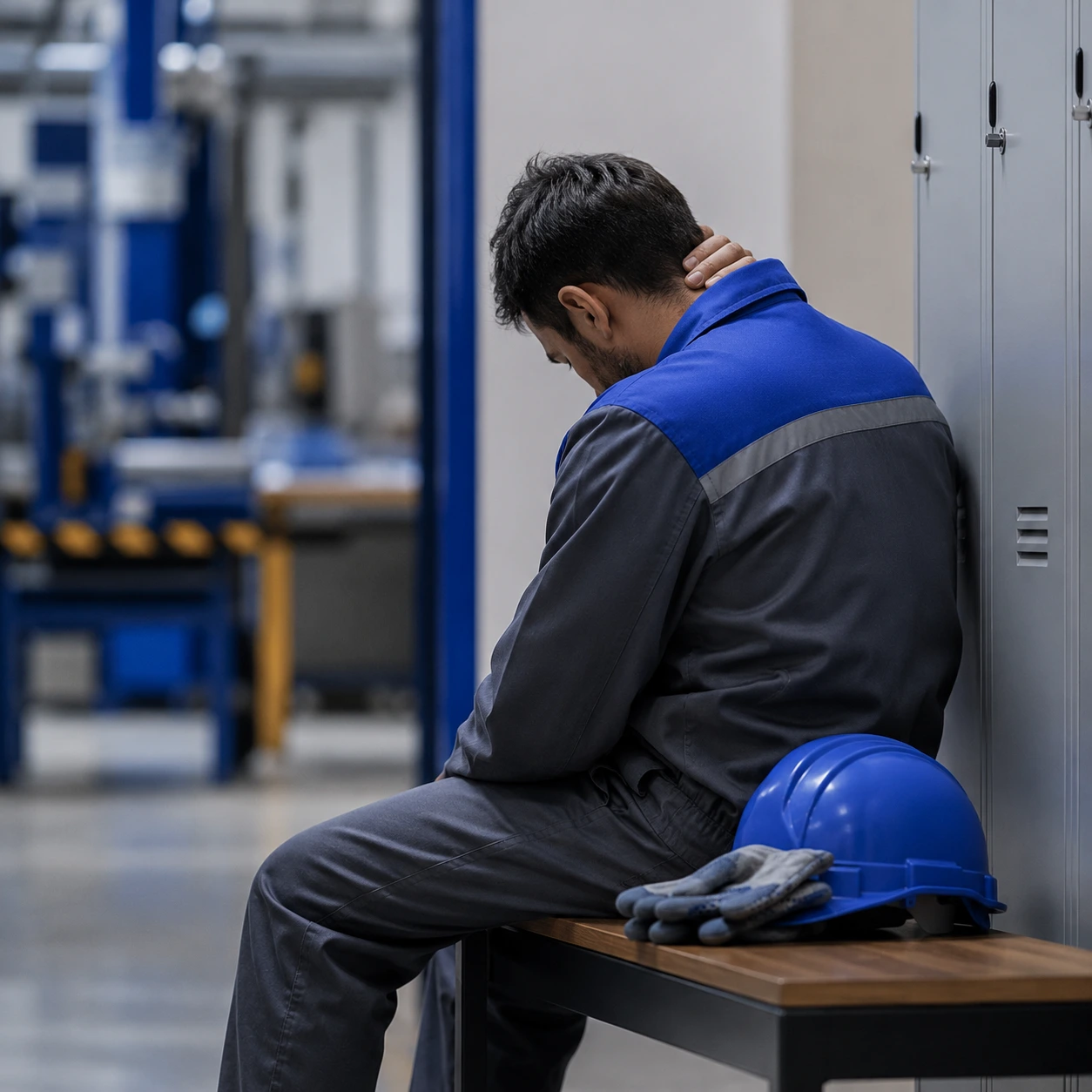 Un operario con mono de trabajo gris y azul está sentado en un banco, cabizbajo y tocándose la nuca con gesto de fatiga al lado de su casco protector, ilustrando las soluciones de software corporativo para la prevención del estrés laboral y el agotamiento físico en puestos de fábrica o mantenimiento.