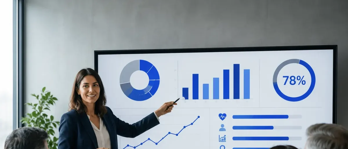 Una consultora presenta métricas en una pantalla interactiva con gráficos de barras, líneas de tendencia y un indicador del 78% ante un comité ejecutivo, ilustrando el servicio de software para medir el ROI y el impacto estratégico del bienestar emocional en la dirección de la empresa.