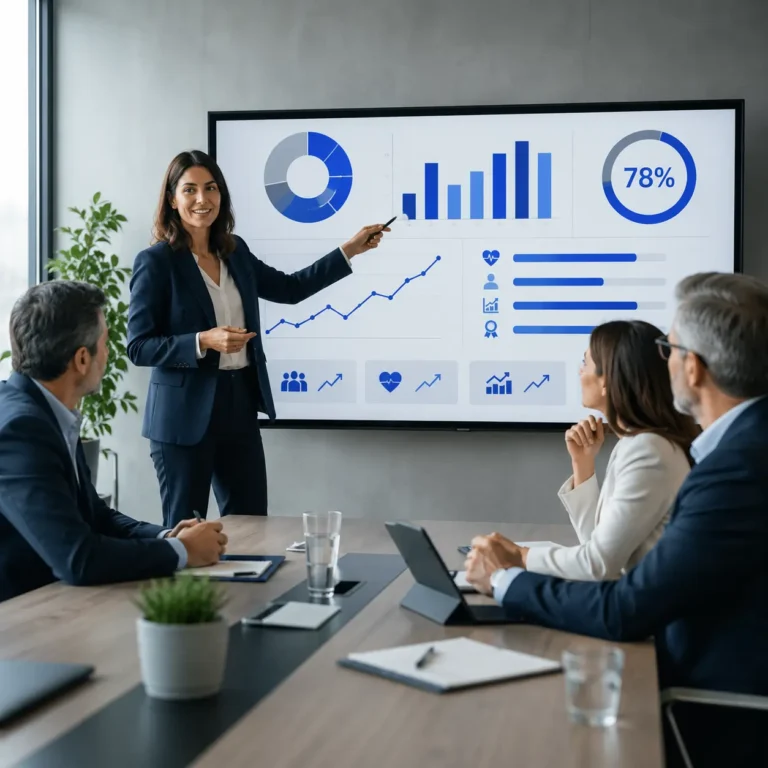 Una consultora presenta métricas en una pantalla interactiva con gráficos de barras, líneas de tendencia y un indicador del 78% ante un comité ejecutivo, ilustrando el servicio de software para medir el ROI y el impacto estratégico del bienestar emocional en la dirección de la empresa.
