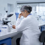 Científica en un laboratorio muestra signos de fatiga y problemas de sueño en su puesto de trabajo, ilustrando el impacto del cansancio crónico en el absentismo laboral de empresas.