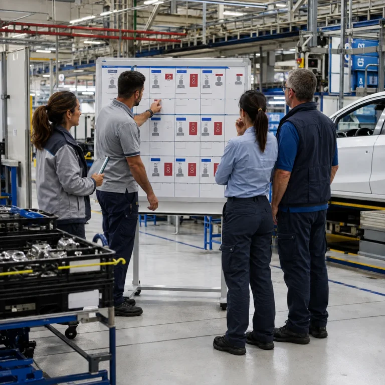 Supervisores en una planta de automoción gestionan el cuadrante de turnos rotativos en una pizarra, ilustrando los problemas de planificación por absentismo laboral.