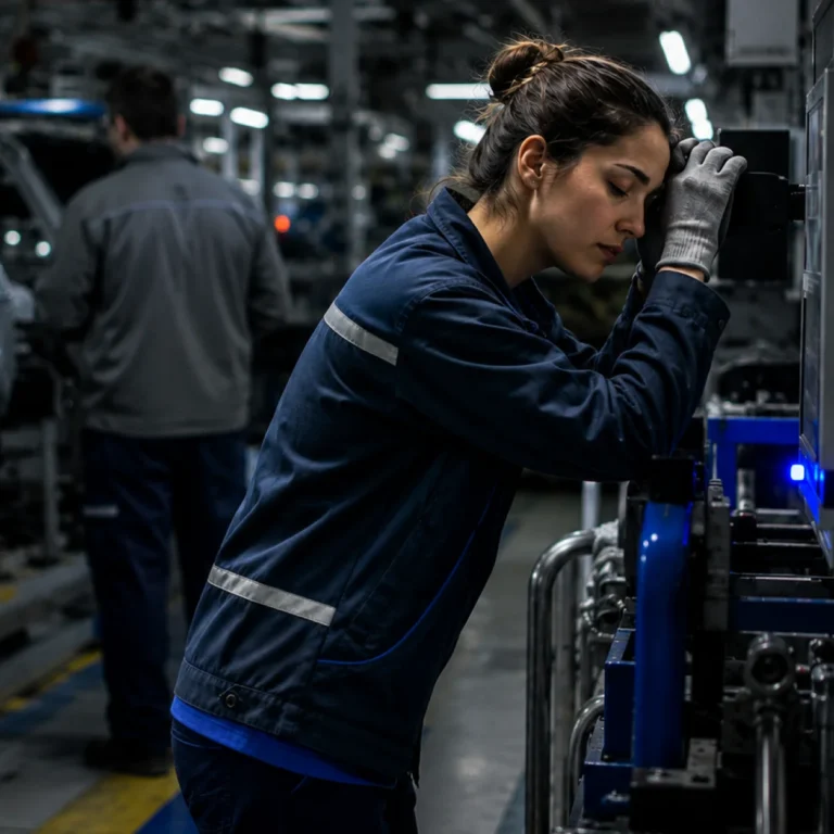 Trabajadora del sector automoción apoyada en la maquinaria con signos de fatiga extrema y dolor muscular, reflejando el impacto del poco descanso y el burnout industrial.