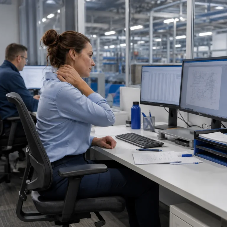 Diseñadora industrial se queja de dolor de cuello y rigidez muscular frente al ordenador de la fábrica, representando el impacto del sedentarismo que mitigan los servicios de salud laboral.
