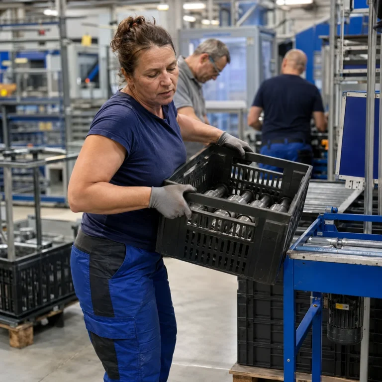Trabajadora del sector fabricación levanta una pesada caja con piezas metálicas en la línea de producción, expuesta a sobreesfuerzos y lesiones musculares prevenibles.