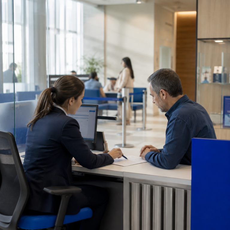 Asesora financiera atiende a un cliente en la oficina bancaria, representando al personal de atención al público que se beneficia de programas B2B de salud mental.