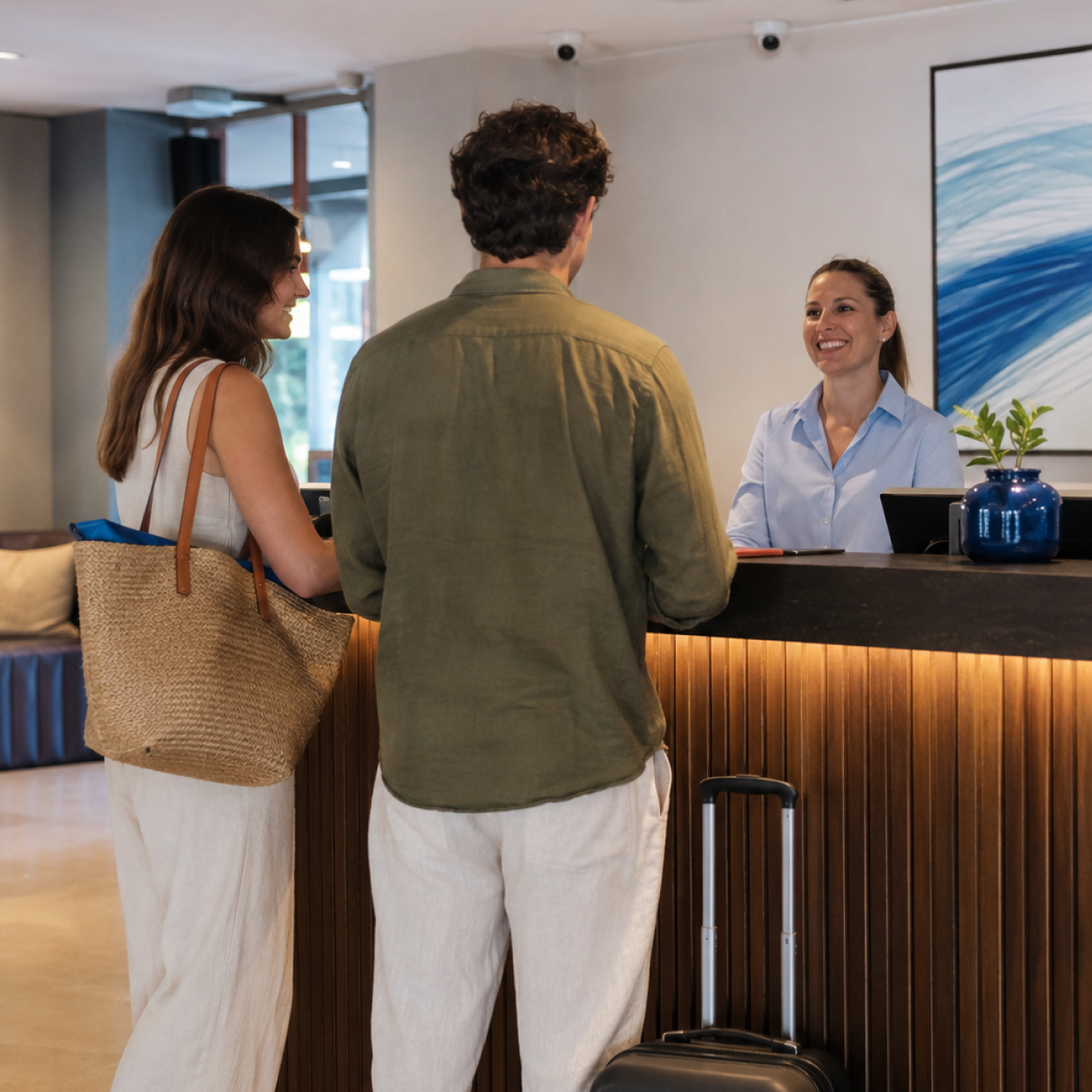 Recepcionista de hotel atendiendo sonriente a una pareja de huéspedes, reflejando el bienestar laboral y el equilibrio en el sector hotelero a través de programas de salud corporativa.