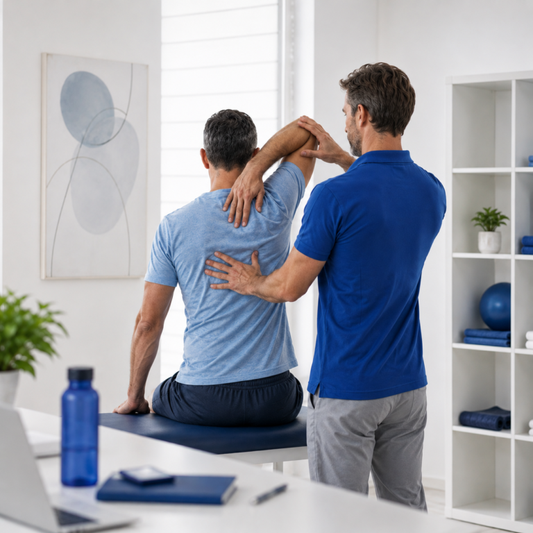 Fisioterapeuta corporativo guía a un empleado en estiramientos de espalda y hombro durante una sesión de salud laboral y bienestar B2B en la empresa.