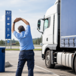 Conductor de camión realiza estiramientos en una parada para prevenir trastornos musculoesqueléticos, un servicio de salud laboral B2B para empresas de transporte.