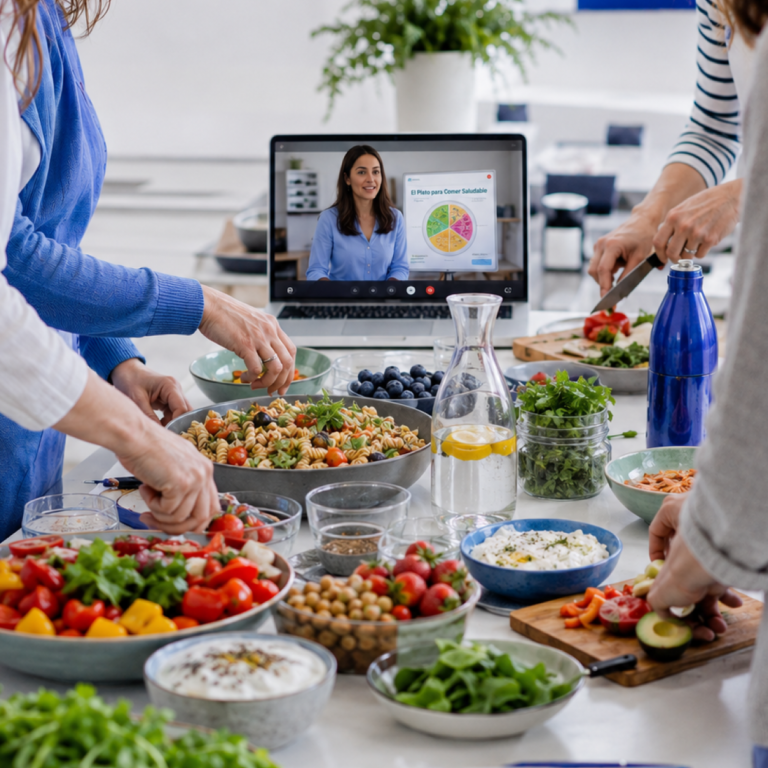 Workshop virtual de nutrición laboral para empresas donde los trabajadores preparan recetas saludables guiados por una experta en bienestar corporativo.